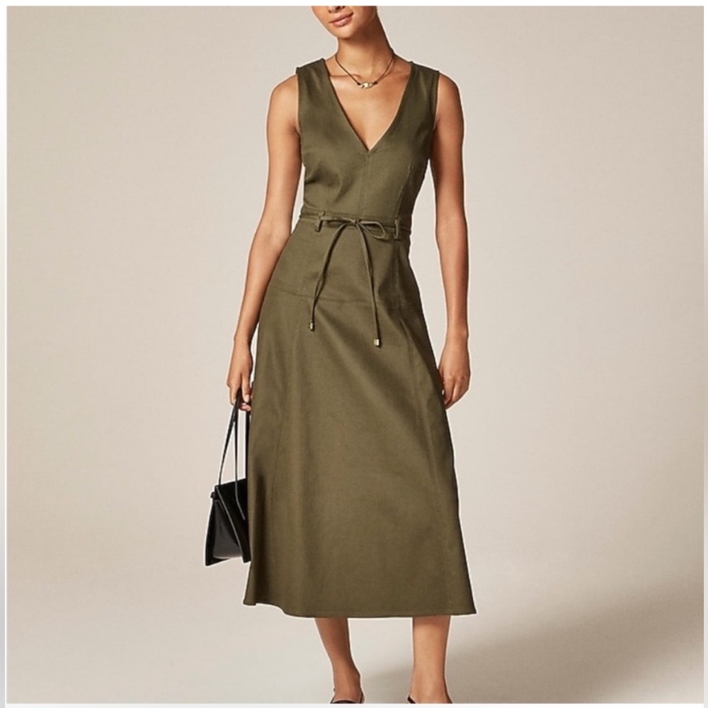 J Crew Dress Twill Tie Waist Olive Green Sleeveless V-neck Women’s Size 18